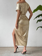 Honey Slit One Shoulder Short Sleeve Midi Dress OutfitFlow